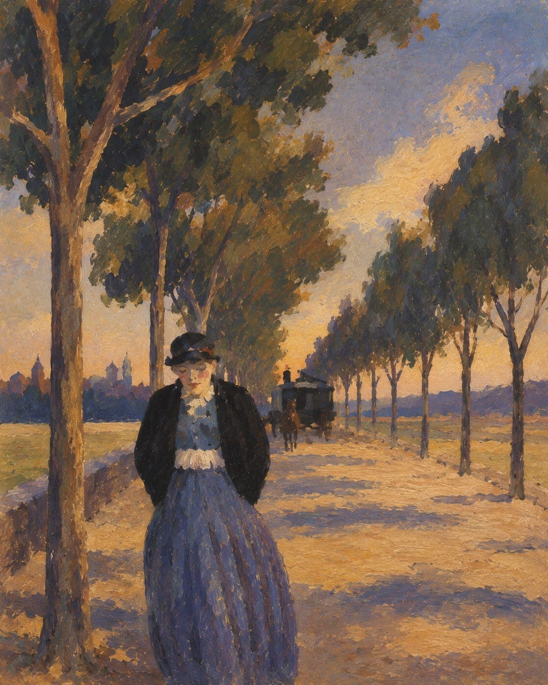 Pintura: una dona amb vestit blau en una carretera d'arbres al capvespre, amb un carro de circ al fons